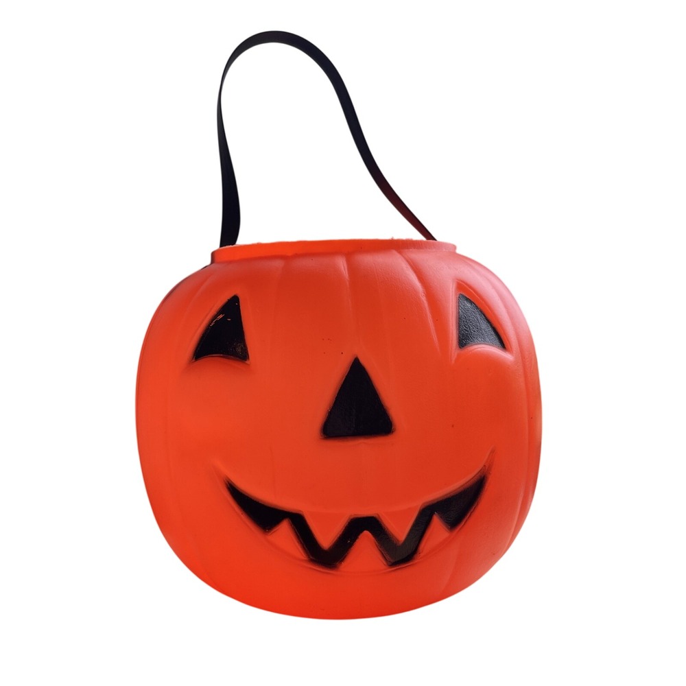 Vtg 80s Carolina Enterprises Halloween Blow Mold Pumpkin‎ Pail Jack-O-Lantern 8"